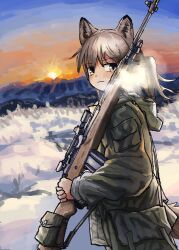 Rule 34 | 1girl, :3, absurdres, animal ears, brown eyes, brown hair, closed mouth, fox ears, fox girl, fox girl (yihan1949), fox tail, gun, highres, holding, holding weapon, looking at viewer, military uniform, original, over shoulder, rifle, scope, sniper rifle, snow, solo, steam from mouth, sunset, tail, uniform, weapon, weapon over shoulder, winter, yihan1949