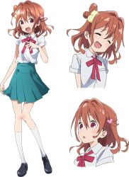 Rule 34 | 10s, 1girl, ^ ^, artist request, brown eyes, brown hair, character sheet, closed eyes, expressions, hair ornament, lowres, multiple views, official art, school uniform, short hair, simple background, smile, soushin shoujo matoi, sumeragi matoi, transparent background, white background