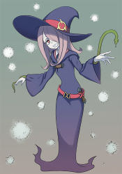 Rule 34 | 10s, 1girl, abe kanari, brown hair, dress, grin, hair over one eye, hat, little witch academia, long hair, sharp teeth, smile, solo, sucy manbavaran, teeth, witch, witch hat