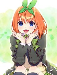 Rule 34 | 1girl, black jacket, blazer, blue eyes, bow, bowtie, chocolate, gift, go-toubun no hanayome, green bow, green bowtie, green ribbon, green skirt, hair ribbon, highres, holding, holding gift, jacket, long sleeves, looking at viewer, medium hair, nakano yotsuba, open mouth, orange hair, pleated skirt, ribbon, school uniform, sitting, skirt, solo, sweater vest, teeth, twitter username, upper teeth only, yellow sweater vest, yu (flowerbird3830)