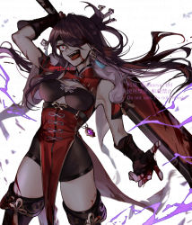 Rule 34 | 1girl, beidou (genshin impact), black gloves, blood, blood from mouth, blood on hands, blood on leg, breasts, cape, capelet, commentary request, earrings, fighting stance, fur trim, genshin impact, gloves, glowing, glowing eyes, greatsword, hair ornament, hair stick, highres, holding, holding weapon, jewelry, long hair, ojo aa, open mouth, over shoulder, pelvic curtain, red capelet, red eyes, red hair, shouting, solo, sword, teeth, thighhighs, upper teeth only, vision (genshin impact), weapon, weapon over shoulder, white background