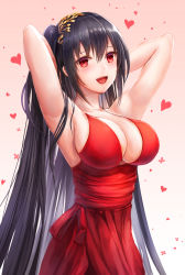 Rule 34 | 1girl, :d, armpits, arms up, azur lane, bad id, bad pixiv id, black hair, blush, breasts, brown background, cleavage, commentary request, dress, gradient background, hair between eyes, hair ornament, head tilt, heart, highres, large breasts, long hair, looking at viewer, lunacle, official alternate costume, one side up, open mouth, red dress, red eyes, sleeves past wrists, smile, solo, taihou (azur lane), taihou (forbidden feast) (azur lane), very long hair, white background