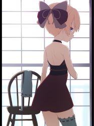 Rule 34 | 1girl, alternate hairstyle, back, backlighting, black bow, black dress, blanc (neptunia), blonde hair, blue eyes, bow, choujigen game neptune, commentary request, commission, cowboy shot, dress, from behind, grey thighhighs, hair bow, halterneck, kayabakoro, looking at viewer, looking back, neptune (series), parted lips, partial commentary, pixiv commission, ribbon-trimmed thighhighs, ribbon trim, short dress, short hair, single thighhigh, sleeveless, sleeveless dress, solo, standing, thighhighs, unworn thighhighs, window, wooden chair