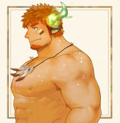 Rule 34 | 1boy, abs, alternate pectoral size, animal ears, bara, blush, brown eyes, brown hair, completely nude, cow boy, cow ears, cow horns, dark-skinned male, dark skin, facial hair, feather necklace, fiery horns, forked eyebrows, from side, glowing horns, goatee, highres, horns, large pectorals, long sideburns, male focus, muscular, muscular male, nipples, nude, pectorals, short hair, sideburns, solo, spiked hair, stomach, thick eyebrows, tokyo houkago summoners, wakan tanka, yanutorie