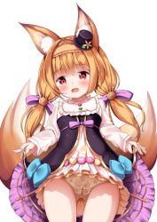 Rule 34 | 1girl, :d, animal ear fluff, animal ears, black hat, blonde hair, blush, cameltoe, cleft of venus, commentary request, cowboy shot, dress, fang, floral print, flower knight girl, fox ears, fox tail, frilled dress, frills, gluteal fold, hair intakes, hair ribbon, hairband, hat, head tilt, highres, kitsune no botan (flower knight girl), layered dress, long hair, long sleeves, looking at viewer, low twintails, mini hat, mini top hat, mochiyuki, open mouth, panties, purple ribbon, red eyes, ribbon, simple background, skirt hold, sleeves past wrists, smile, solo, standing, tail, thighs, tilted headwear, top hat, twintails, underwear, white background, white dress, yellow panties