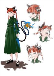 Rule 34 | 1girl, :3, animal ears, black bow, black footwear, bow, braid, cat ears, cat tail, dress, expressionless, extra ears, closed eyes, facial mark, fangs, fangs out, fiery hair, fire, flat chest, green dress, highres, iroiro yaru hito, juliet sleeves, kaenbyou rin, long sleeves, looking up, mary janes, multiple tails, pointy ears, puffy sleeves, red eyes, red hair, shadow, shoes, simple background, sketch, slit pupils, smile, solo, surprised, sweat, sweatdrop, tail, touhou, twin braids, two tails, whisker markings, whiskers, white background