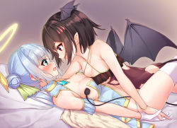 Rule 34 | 2girls, :d, absurdres, angel, angel wings, blue hair, blunt bangs, blush, breast press, breasts, brown hair, demon, demon girl, demon tail, demon wings, girl on top, gloves, green eyes, hair bun, halo, head wings, highres, holding hands, interlocked fingers, large breasts, lying, medium breasts, multiple girls, on back, open mouth, original, pizza (pizzania company), red eyes, rubia-chan (pizza), short hair, single hair bun, smile, symmetrical docking, tail, white gloves, wings, yuri