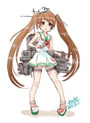 Rule 34 | 10s, 1girl, 4suke, :o, alternate skin color, brown eyes, brown hair, dress, hair ornament, hair ribbon, kantai collection, libeccio (kancolle), long hair, open mouth, ribbon, sailor dress, simple background, solo, turret, twintails, very long hair, white background, white dress
