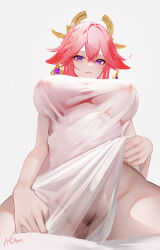Rule 34 | 1girl, animal ears, bare shoulders, blush, breasts, covered erect nipples, dress, earrings, female pubic hair, fox ears, genshin impact, hair ornament, highres, jewelry, large breasts, long hair, looking at viewer, omone hokoma agm, parted lips, pink hair, pubic hair, purple eyes, sidelocks, solo, thighs, very long hair, white dress, yae miko