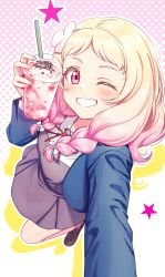 Rule 34 | 1girl, blonde hair, brown footwear, clenched teeth, collared shirt, cup, deadnooodles, disposable cup, dress, drinking straw, gradient hair, halftone, hand up, highres, holding, holding cup, loafers, long hair, long sleeves, looking at viewer, love live!, love live! superstar!!, multicolored hair, neck ribbon, one eye closed, onitsuka natsumi, pink eyes, pink hair, red ribbon, ribbon, selfie, shirt, shoes, smile, solo, star (symbol), teeth, two-tone hair, white shirt