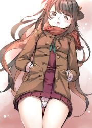 Rule 34 | 10s, 1girl, bad id, bad pixiv id, black hair, blush, brown coat, buttons, cameltoe, coat, commentary request, dress, from below, hachimitsu (hati718), hair ribbon, hands in pockets, kantai collection, long hair, long sleeves, looking at viewer, looking down, multicolored hair, naganami (kancolle), open clothes, open coat, open mouth, panties, pantyshot, pink hair, red scarf, ribbon, scarf, school uniform, serafuku, solo, standing, underwear, uniform, upskirt