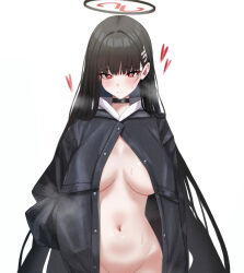 1girl alternate_costume black_choker black_hair black_halo black_jacket blue_archive breasts choker commentary_request groin hair_ornament hairclip halo heart heart_in_eye highres jacket large_breasts legs long_hair mijikayo naked_jacket navel out-of-frame_censoring red_eyes rio_(blue_archive) solo standing stomach symbol_in_eye very_long_hair white_background