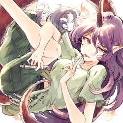 Rule 34 | 1girl, blood, blood on face, blood on hands, clothes writing, green shirt, green shorts, highres, hisona (suaritesumi), holding, holding syringe, horns, long hair, pointy ears, purple hair, red eyes, red horns, shirt, short sleeves, shorts, single horn, solo, syringe, tail, tenkajin chiyari, tongue, tongue out, touhou
