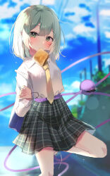 Rule 34 | 1girl, absurdres, alternate costume, black hair, black skirt, blue sky, blurry, blurry background, blush, bread slice, breasts, cloud, collared shirt, commentary request, double-parted bangs, expressionless, eyes visible through hair, food, food in mouth, green eyes, grey hair, hair between eyes, head tilt, highres, komeiji koishi, lens flare, long sleeves, looking at viewer, medium hair, mouth hold, necktie, no headwear, outdoors, pleated skirt, school uniform, shirt, skirt, sky, small breasts, solo, standing, standing on one leg, straight hair, sweat, third eye, toast, toast in mouth, touhou, uniform, white shirt, yellow necktie, yumeno ruruka
