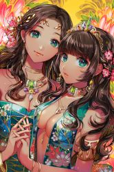 Rule 34 | 2girls, bare shoulders, blunt bangs, breasts, brown hair, cleavage, closed mouth, commentary, dark-skinned female, dark skin, dress, english commentary, fingernails, floral background, floral print, flower, forehead, green dress, green eyes, holding hands, jewelry, large breasts, long hair, matsurika youko, medium breasts, multiple girls, nail polish, original, parted bangs, parted lips, pendant, pink nails, print dress, red flower, siblings, sisters, sleeveless, sleeveless dress, smile, tiara, yellow background, yellow nails
