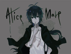 Rule 34 | 1boy, alicemare, black cape, black eyes, black hair, book, cape, closed mouth, finger to mouth, grey background, jewelry, long hair, long sleeves, looking at viewer, low ponytail, male focus, miwasiba, necklace, sensei (alicemare), shirt, shushing, smile, solo, white shirt