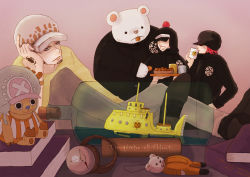 Rule 34 | 3boys, bear, bepo, book, bottle, cabbie hat, coffee mug, compass, cookie, cup, drink, earflap hat, food, hat, hat over eyes, hat pompom, heart pirates, jolly roger, log pose, male focus, mug, multiple boys, one piece, penguin (one piece), pirate, red hair, shachi (d09 0rca), shachi (one piece), stuffed toy, submarine, sunglasses, tattoo, tony tony chopper, toy, trafalgar law, watercraft, x (symbol)