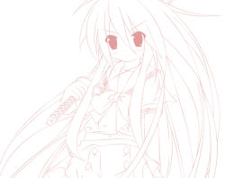 Rule 34 | 00s, 1girl, alastor (shakugan no shana), blunt bangs, dress, holding, holding weapon, jewelry, long hair, long sleeves, looking at viewer, monochrome, pendant, pink theme, polearm, shakugan no shana, shana, shin&#039;ya natsuki, simple background, solo, spear, upper body, very long hair, weapon, white background