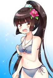 Rule 34 | 1girl, absurdres, bad id, bad pixiv id, bangle, bead bracelet, beads, bikini, blue background, blunt bangs, blush, bracelet, breasts, brown eyes, brown hair, clenched hand, flower, grimoire ~shiritsu grimoire mahou gakuen~, hair flower, hair ornament, hair scrunchie, hand up, high ponytail, highres, jewelry, looking at viewer, navel, necklace, scrunchie, side-tie bikini bottom, simple background, solo, sparkle, standing, striped bikini, striped clothes, swimsuit