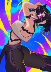 Rule 34 | 1girl, ass, black hair, breasts, capcom, fingerless gloves, gloves, hair horns, halterneck, han juri, highres, jewelry, large breasts, looking at viewer, nail polish, navel, open mouth, pants, purple eyes, short hair, smile, solo, street fighter, street fighter 6, street fighter iv (series), yuu (primenumber7)