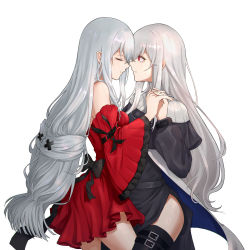 Rule 34 | 2girls, arknights, black dress, black legwear, closed mouth, commentary, cowboy shot, dress, highres, holding hands, long hair, long sleeves, looking at another, multiple girls, nekonomi, off-shoulder dress, off shoulder, official alternate costume, red dress, red eyes, silver hair, simple background, skadi (arknights), skadi the corrupting heart (arknights), specter (arknights), thighhighs, twintails, very long hair, white background, yuri