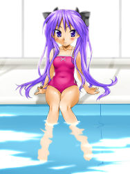 Rule 34 | 00s, 1girl, barefoot, blue eyes, casual one-piece swimsuit, covered navel, highres, hiiragi kagami, indoors, kamia (not found), long hair, lucky star, one-piece swimsuit, pool, poolside, purple hair, sitting, soaking feet, solo, swimsuit, twintails, very long hair, water, window
