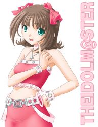 Rule 34 | 00s, 1girl, amami haruka, belt, bracelet, brown hair, choker, cool &amp; sexy (idolmaster), copyright name, cross, cross necklace, green eyes, hair ribbon, idolmaster, idolmaster (classic), idolmaster 1, jewelry, midriff, navel, necklace, open mouth, ribbon, simple background, skirt, solo, t2r, white background