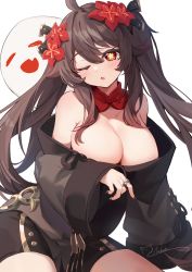 Rule 34 | 1girl, ;o, ahoge, alternate breast size, bare shoulders, black nails, black shorts, blush, breasts, brown hair, brown jacket, brown shorts, chinese clothes, commentary, detached collar, fang, flower, flower-shaped pupils, genshin impact, ghost, hair between eyes, hair flower, hair ornament, highres, hu tao (genshin impact), jacket, jewelry, large breasts, long hair, long sleeves, multiple rings, nahaki, nail polish, no bra, off shoulder, one eye closed, open mouth, parted lips, plum blossoms, red eyes, red flower, ring, short shorts, shorts, sidelocks, signature, simple background, symbol-shaped pupils, twintails, white background, wide sleeves