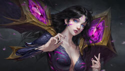 Rule 34 | 1girl, absurdres, black hair, blue eyes, breasts, cleavage, commentary request, earrings, facial mark, highres, jewelry, kai&#039;sa, league of legends, long hair, looking at viewer, medium breasts, mole, mole under eye, nail polish, no bra, parted lips, purple nails, red lips, solo, upper body, zhongguoduliu