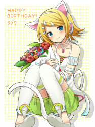 Rule 34 | 1girl, :3, animal ears, bare shoulders, blonde hair, blue eyes, blush, bouquet, cat ears, cat tail, choker, dated, flower, happy birthday, highres, kagamine rin, kemonomimi mode, looking at viewer, polka dot, polka dot background, short hair, sitting, solo, sudachi (calendar), tail, vocaloid