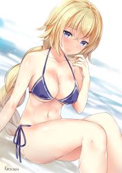 Rule 34 | 1girl, bikini, blonde hair, blue eyes, braid, breasts, cleavage, dutch angle, fate/apocrypha, fate (series), jeanne d&#039;arc (fate), jeanne d&#039;arc (ruler) (fate), kaetzchen, large breasts, long hair, navel, nervous smile, single braid, smile, solo, swimsuit, wet