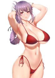 Rule 34 | 1girl, adjusting hair, armpits, arms up, bikini, braid, breasts, curvy, fate/grand order, fate (series), florence nightingale (fate), gloves, large breasts, lips, navel, purple hair, red bikini, red eyes, side-tie bikini bottom, smile, solo, standing, swimsuit, thick thighs, thighs, underboob, undersized clothes, zucchini