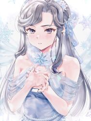 Rule 34 | 1girl, bare shoulders, blush, breasts, brown hair, collar, commentary request, dress, flower, fur collar, gem, grey dress, grey ribbon, hair flower, hair ornament, hair ribbon, half updo, hands on own chest, hands up, highres, light particles, long hair, looking ahead, medium breasts, nijiko (c2cs4q), official alternate costume, own hands together, parted bangs, parted lips, pearl (gemstone), pom pom (clothes), pom pom hair ornament, purple eyes, ribbon, see-through, shoujo kageki revue starlight, sidelocks, simple background, snowflake hair ornament, snowflakes, solo, sparkle, strapless, strapless dress, tendou maya, tiara, upper body, white background, white collar
