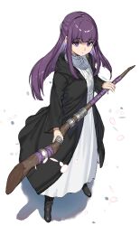 Rule 34 | 1girl, absurdres, black footwear, black robe, boots, closed mouth, dress, fern (sousou no frieren), full body, highres, holding, holding staff, hood, hood down, hooded robe, long hair, long sleeves, open clothes, open robe, petals, purple eyes, purple hair, ranf, robe, shadow, simple background, solo, sousou no frieren, staff, standing, very long hair, white background, white dress
