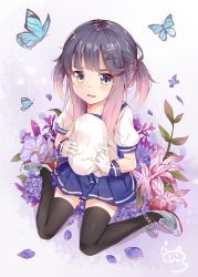 Rule 34 | 1girl, bad id, bad pixiv id, black thighhighs, blue flower, blue skirt, bug, butterfly, flower, gloves, gradient hair, green eyes, hat, insect, kantai collection, long hair, multicolored hair, nahaki, open mouth, pink flower, pleated skirt, puffy short sleeves, puffy sleeves, purple flower, purple hair, sailor hat, school uniform, serafuku, short sleeves, skirt, solo, tears, thighhighs, tsushima (kancolle), unworn hat, unworn headwear, white gloves, white hat