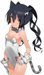 Rule 34 | 1girl, animal ears, bare shoulders, black hair, blush, bow, bowtie, breasts, cat ears, cat tail, detached collar, gloves, hand on own hip, kittysuit, kochiya (gothope), leotard, long hair, looking at viewer, nontraditional playboy bunny, orange eyes, phantasy star, phantasy star online 2, simple background, small breasts, smile, solo, tail, twintails, white background, white gloves