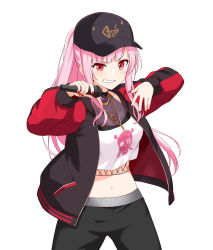Rule 34 | 1girl, absurdres, baseball cap, black hat, black jacket, black pants, breasts, cowboy shot, crop top, felutiahime, fingernails, grin, hat, highres, holding, holding microphone, hololive, hololive english, jacket, jewelry, large breasts, letterman jacket, long hair, looking at viewer, microphone, midriff, mori calliope, mori calliope (streetwear), nail polish, navel, necklace, open clothes, open jacket, pants, pink hair, raglan sleeves, red eyes, red nails, red sleeves, see-through, simple background, smile, solo, virtual youtuber, white background