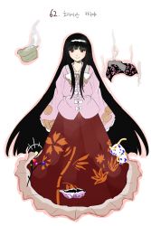 Rule 34 | 1girl, absurdres, black hair, blunt bangs, bow, bowtie, branch, brown eyes, closed mouth, commentary request, derivative work, frilled skirt, frilled sleeves, frills, full body, highres, hime cut, houraisan kaguya, imperishable night, japanese clothes, jeweled branch of hourai, korean commentary, kuya (hey36253625), long hair, long skirt, long sleeves, pink shirt, red skirt, sash, shirt, sidelocks, simple background, skirt, sleeves past fingers, sleeves past wrists, smile, solo, touhou, translation request, very long hair, white background, white bow, white bowtie, wide sleeves