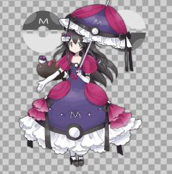 Rule 34 | 1girl, alternate costume, black footwear, black hair, bow, braid, checkered background, creatures (company), dress, elbow gloves, female focus, flat chest, frilled dress, frills, full body, game freak, gen 7 pokemon, gloves, grey background, grey eyes, hair between eyes, hair bow, hair ornament, hand up, high heels, holding, jpeg artifacts, long hair, looking to the side, master ball, namako plum, nintendo, official style, outstretched arm, pantyhose, parasol, pink eyes, plum (vtuber), plum no bouken note, poke ball, poke ball symbol, pokemon, pokemon (creature), puffy short sleeves, puffy sleeves, purple bow, purple dress, pyukumuku, shoes, short sleeves, simple background, solo focus, standing, twin braids, two-tone background, umbrella, virtual youtuber, white gloves, white pantyhose