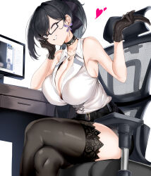 Rule 34 | 1girl, absurdres, alternate costume, bare shoulders, black gloves, black skirt, breasts, chair, cleavage, commentary request, commission, crossed legs, gloves, highres, hikinomiya komori, huge breasts, indie virtual youtuber, large breasts, legs, long hair, looking at viewer, maruyaa (malya1006), nail polish, naked shirt, office chair, office lady, open mouth, presenting foot, shirt, sitting, skeb commission, skirt, smile, solo, swivel chair, virtual youtuber