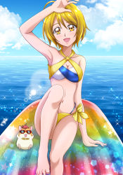 Rule 34 | 1girl, :d, ahoge, arm support, arm up, armpits, arms behind head, barefoot, bikini, bikini bottom only, blonde hair, blue sky, breasts, chain, cleavage, cloud, criss-cross halter, day, hair between eyes, halterneck, hamster, hanzou, highres, hugtto! precure, kagayaki homare, looking at viewer, medium breasts, multi-strapped bikini, navel, ocean, open mouth, outdoors, precure, red-framed eyewear, short hair, sitting, sky, smile, solo, sunglasses, swimsuit, yellow bikini, yellow eyes