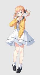 Rule 34 | 1girl, absurdres, black footwear, blonde hair, blue eyes, blush, closed mouth, collared dress, dress, enuni, grey background, hair ornament, hairclip, hand up, highres, hood, hood down, hooded jacket, hoshino sora (enuni), jacket, loafers, long hair, long sleeves, neck ribbon, open clothes, open jacket, original, red ribbon, ribbon, shoes, simple background, smile, socks, solo, standing, twintails, white dress, white socks, yellow jacket