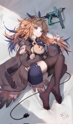 Rule 34 | 1girl, arknights, black jacket, black thighhighs, blue skirt, brown hair, feather hair, feet, full body, gun, highres, holding, jacket, long hair, long sleeves, looking at viewer, lying, multicolored nails, nail gun, on side, pinecone (arknights), pink pupils, skirt, solo, stuffed animal, stuffed toy, teddy bear, thighhighs, turtleneck, weapon, xx 3752
