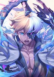 Rule 34 | 1boy, aura, black sclera, blonde hair, blue eyes, blue gloves, blue shirt, claws, colored sclera, dragon install, gloves, guilty gear, guilty gear strive, hair between eyes, heterochromia, high collar, highres, holding, holding sword, holding weapon, jacket, jacket on shoulders, jenchang1117, ky kiske, male focus, multicolored hair, open mouth, pectorals, red eyes, shirt, short hair, solo, split-color hair, sword, transformation, upper body, weapon, white background, white jacket