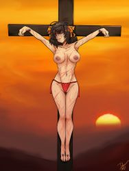 Rule 34 | 1girl, absurdres, alte-rie, bdsm, blood, blood on face, blood on hands, blood on legs, bondage, bound, breasts, brown hair, bruise, cross, crown of thorns, crucifixion, death, dying, closed eyes, fundoshi, highres, injury, japanese clothes, medium breasts, nailed, nipples, nude, open mouth, red fundoshi, ribbon, short hair, sun, sunset, suzumiya haruhi, suzumiya haruhi no yuuutsu, whip marks