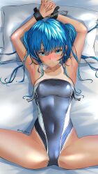 Rule 34 | 1girl, aigami kaon, armpits, blue eyes, blue hair, bound, bound wrists, chain, clothes pull, commentary request, competition swimsuit, cowboy shot, from above, garter-velvet, grey one-piece swimsuit, highres, long hair, looking at viewer, lying, one-piece swimsuit, one-piece swimsuit pull, one-piece tan, original, pillow, solo, spread legs, swimsuit, tan, tanline, twintails