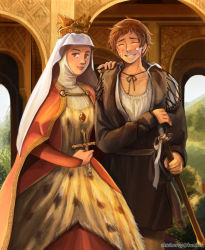Rule 34 | 1boy, 1girl, axis powers hetalia, bandages, cape, civilization (series), civilization v, cross, crossover, crown, european clothes, closed eyes, facing away, isabela, lacing, looking at viewer, queen, sherry lai, spain (hetalia), spanish clothes, sword, weapon