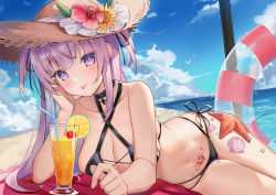 Rule 34 | + +, 1girl, :p, bare arms, bare shoulders, beach, beach towel, beach umbrella, bikini, black bikini, black choker, black ribbon, blue sky, blush, breasts, brown hat, cherry, choker, cleavage, cloud, collarbone, criss-cross halter, cross, cup, day, drink, drinking glass, drinking straw, flower, food, fruit, ginn (hzh770121), hair ribbon, halterneck, hand on own cheek, hand on own face, hat, hat flower, hibiscus, innertube, large breasts, lime (fruit), lime slice, long hair, looking at viewer, lying, multicolored hair, navel, ocean, on side, original, outdoors, pink flower, pubic tattoo, purple eyes, purple hair, ribbon, seashell, shell, sideboob, sky, solo, starfish, stomach, straw hat, swim ring, swimsuit, tattoo, tongue, tongue out, towel, two-tone hair, umbrella, very long hair, virtual youtuber, water, yellow flower