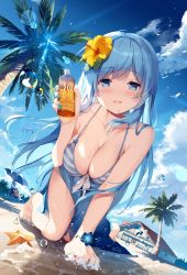 Rule 34 | 1girl, :d, all fours, bare shoulders, beach, bikini, blue eyes, blue hair, blue nails, blue sarong, blush, bottle, bracelet, breasts, brown hair, chair, cleavage, collarbone, day, emori miku, flower, front-tie bikini top, front-tie top, hair flower, hair ornament, highres, holding, holding bottle, jewelry, large breasts, liver city, long hair, looking at viewer, lotion, lounge chair, miyase mahiro, nail polish, open mouth, outdoors, palm tree, sarong, sidelocks, smile, solo, solo focus, string bikini, striped bikini, striped clothes, swimsuit, thighs, toenail polish, toenails, tree, very long hair, wet