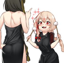 Rule 34 | 2girls, :3, alternate costume, ass, back, bare shoulders, black dress, blonde hair, blush, braid, braided ponytail, commentary request, dress, drumsticks, fang, girls&#039; frontline, hair between eyes, hair over shoulder, hair ribbon, hand on own hip, happy, highres, holding, holding drumsticks, korean commentary, long hair, m16a1 (girls&#039; frontline), m4 sopmod ii (girls&#039; frontline), multicolored hair, multiple girls, open mouth, pointing, red eyes, red hair, ribbon, sd bigpie, short sleeves, side braid, side slit, sparkle, strapless, strapless dress, streaked hair, white background